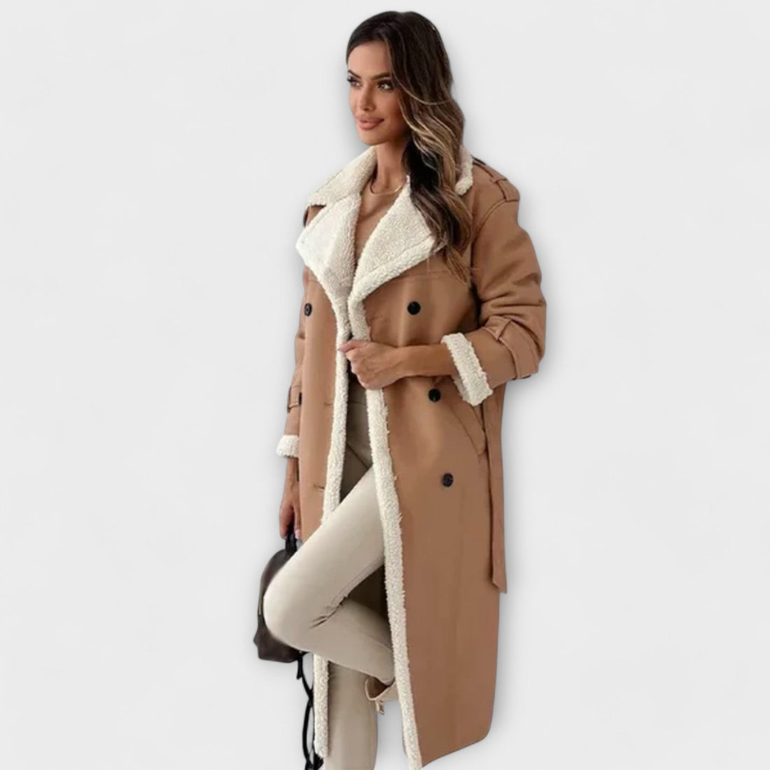 Maria – Classic Long Jacket with Cozy Fleece Lining and Teddy Collar